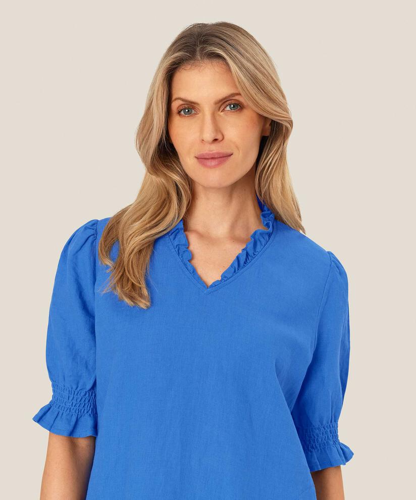 kurzärmliges Leinenkleid mit gerüschtem Ausschnitt, Nebulas Blue