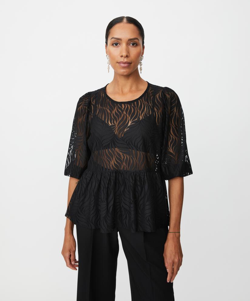 Jersey-Spitzenbluse mit Schößchensaum, Black