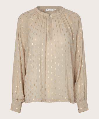 Leicht transparente Bluse mit goldenen Punkten und Knopf am Hals, Oxford Tan