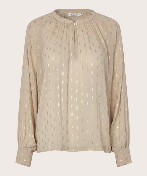 Leicht transparente Bluse mit goldenen Punkten und Knopf am Hals, Oxford Tan