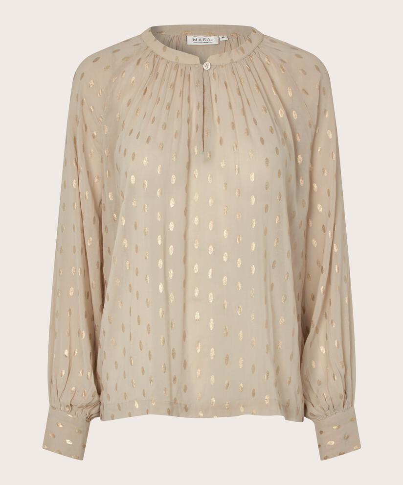 Leicht transparente Bluse mit goldenen Punkten und Knopf am Hals, Oxford Tan