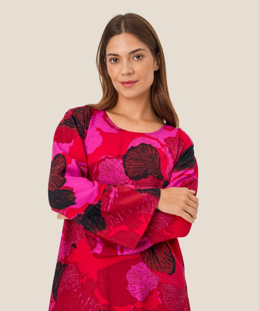 Bedrucktes Viskosekleid mit Rundhalsausschnitt, Haute Red