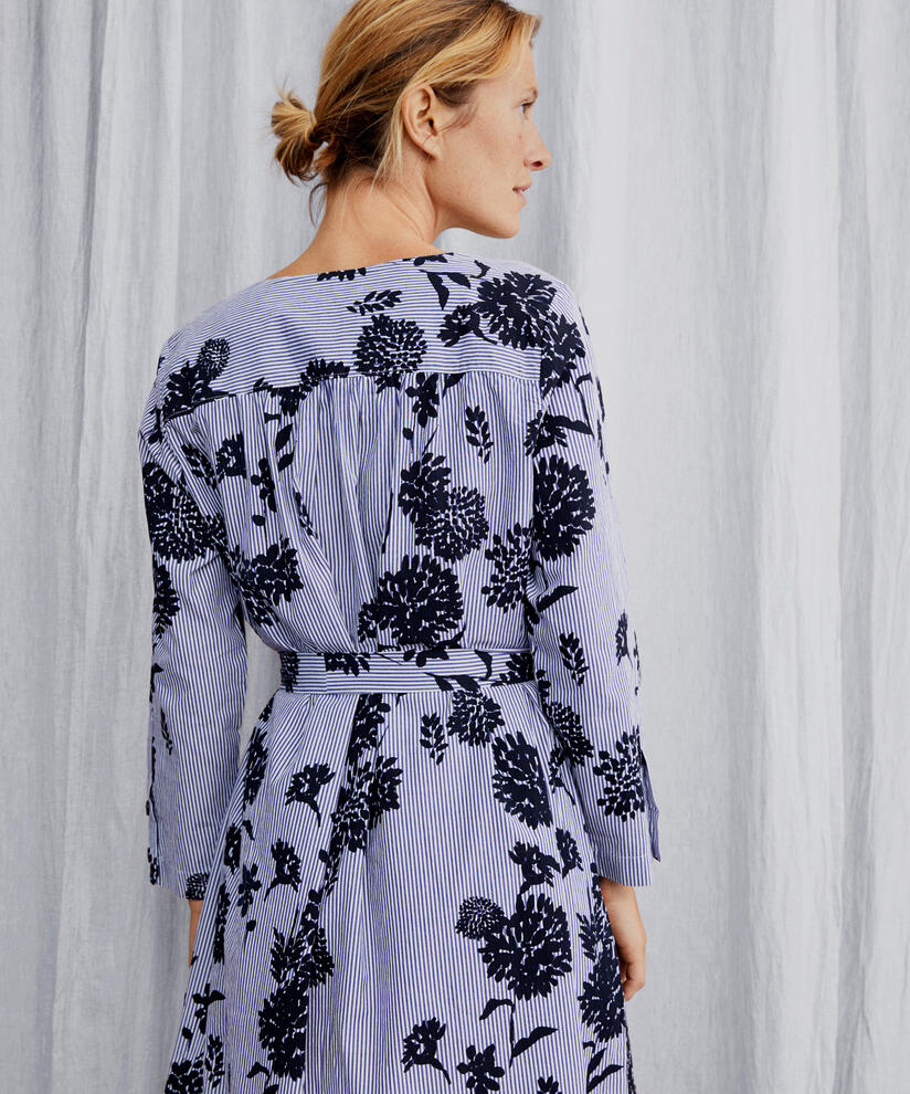 Baumwollkleid mit V-Ausschnitt und abnehmbarem Gürtel, Maritime Blue