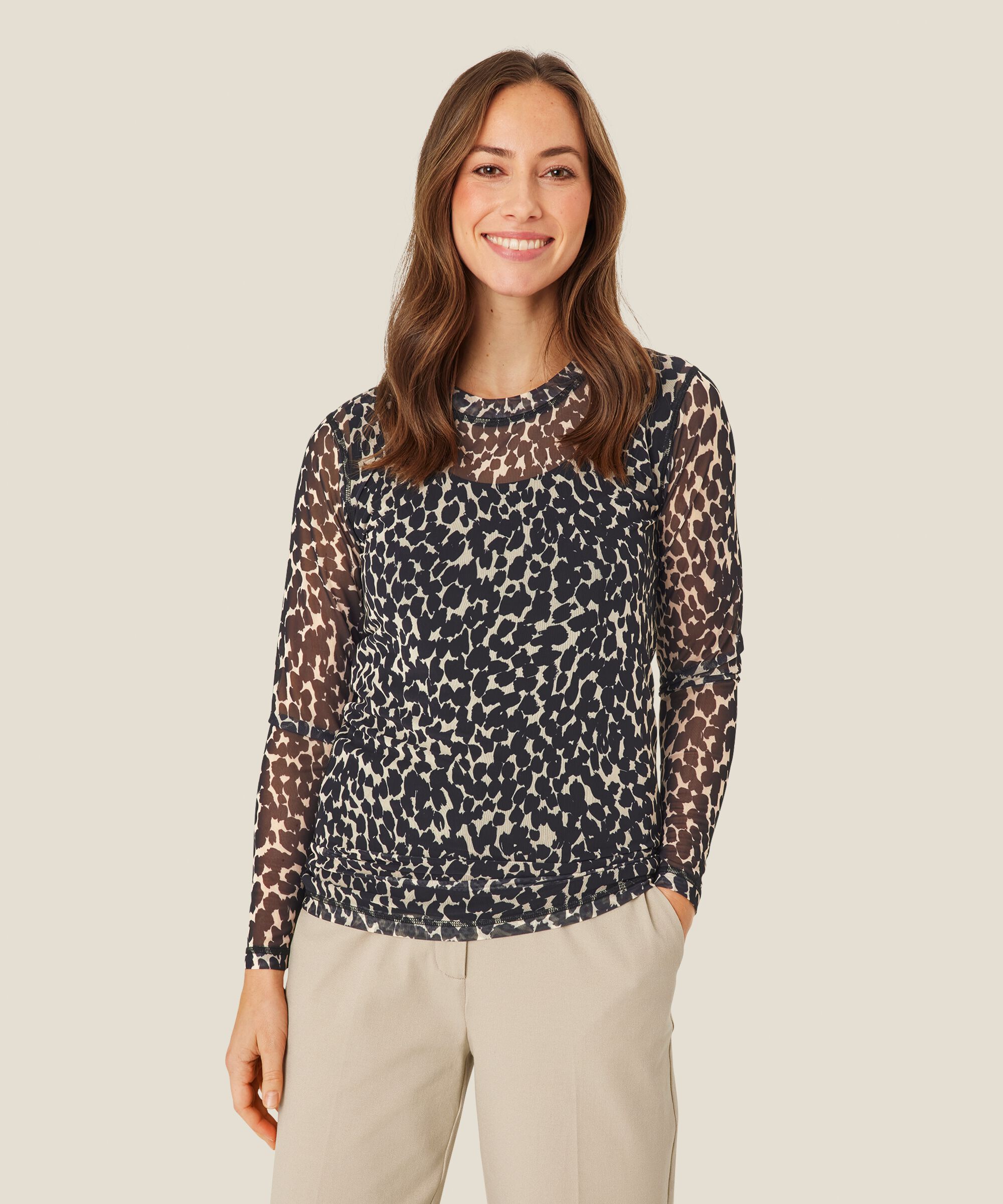 Bedruckte Netzbluse mit langen Ärmeln, Black