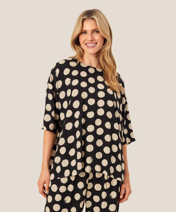 Gepunktete Viskosebluse mit Rundhalsausschnitt, Black