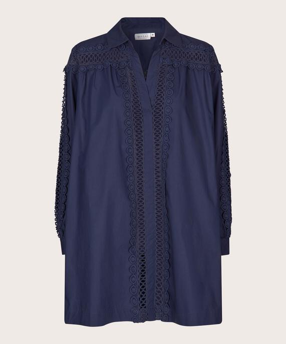 Baumwolltunika mit Spitzendetails und Eingrifftaschen, Maritime Blue