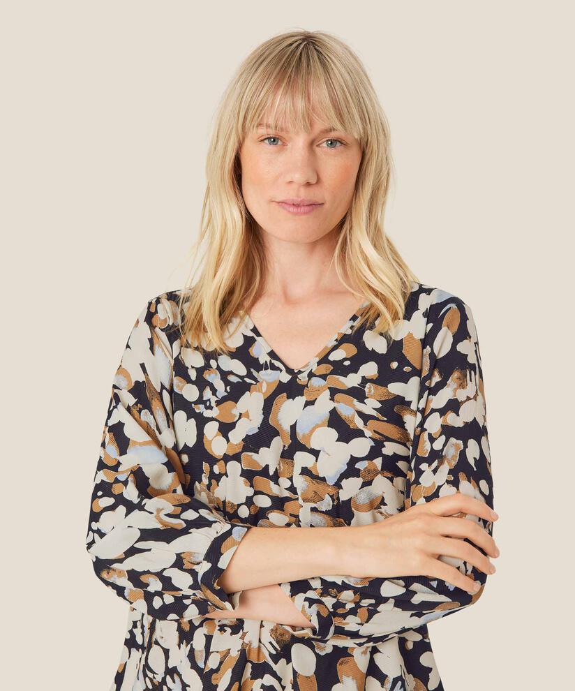 Bedruckte Viskosebluse mit V-Ausschnitt, Chipmunk