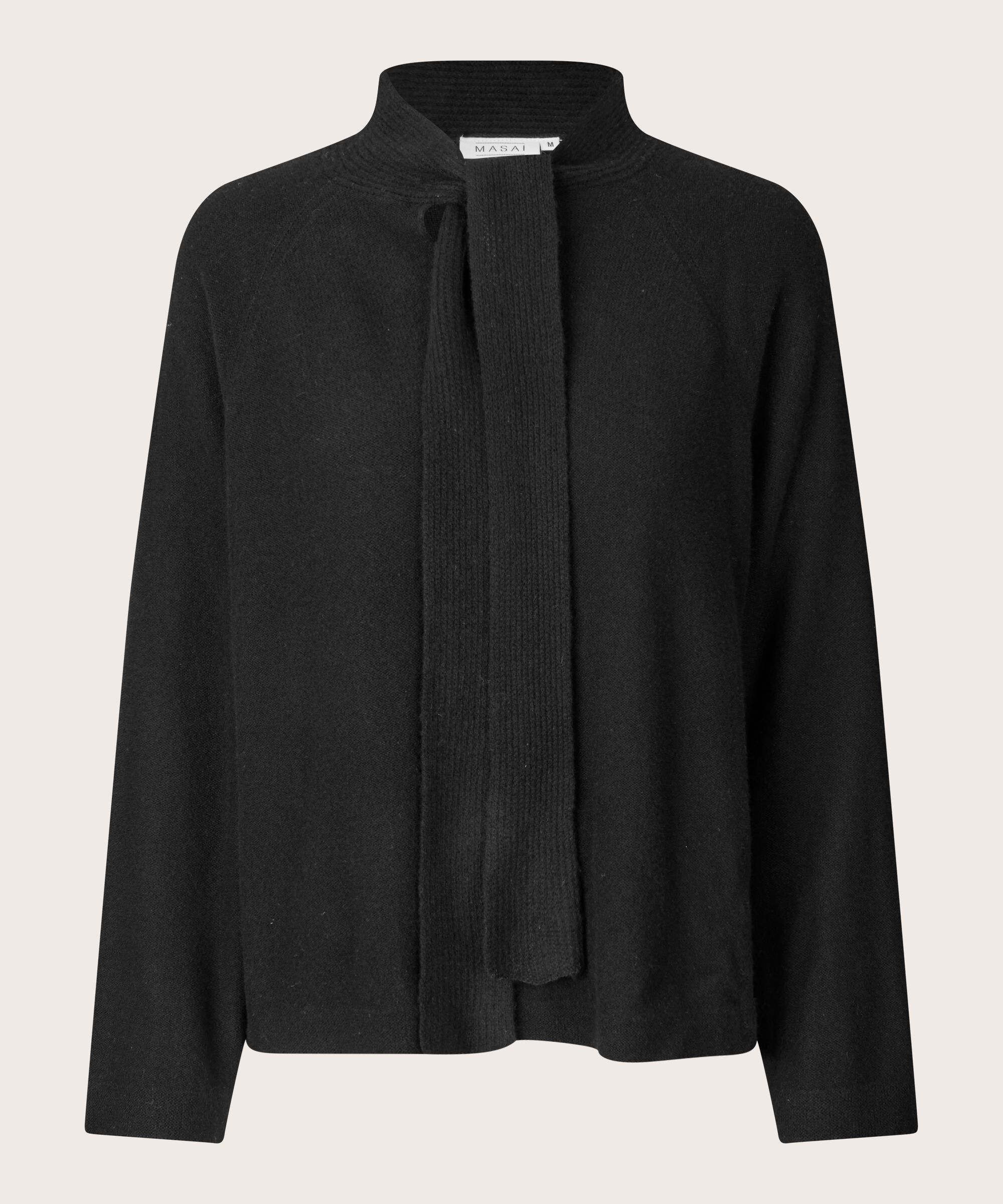 Pullover aus Wolle mit Bindebändern am Hals, Black