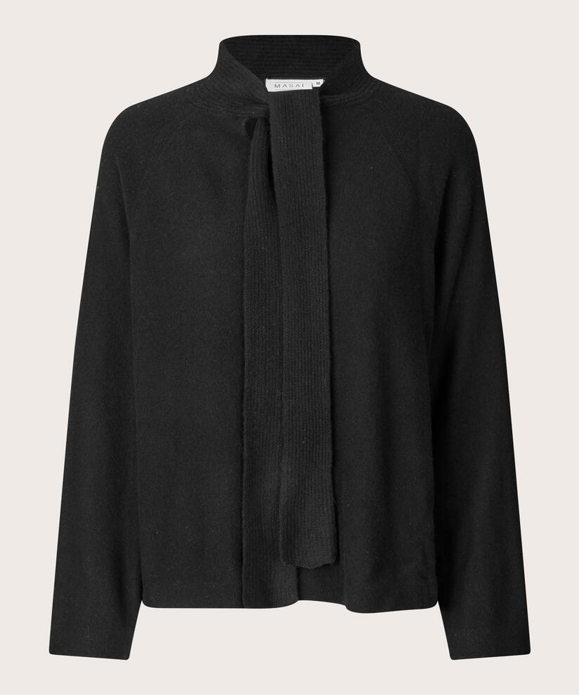 Pullover aus Wolle mit Bindebändern am Hals, Black