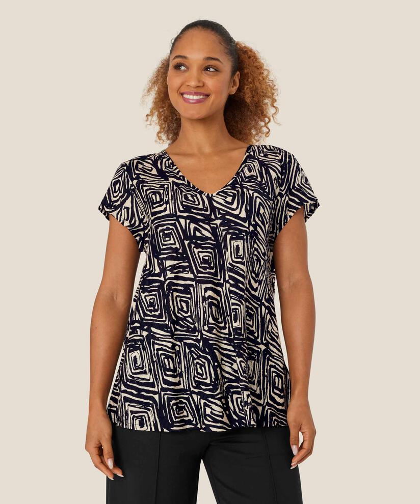 Bedrucktes Viskose-Top mit V-Ausschnitt, Black