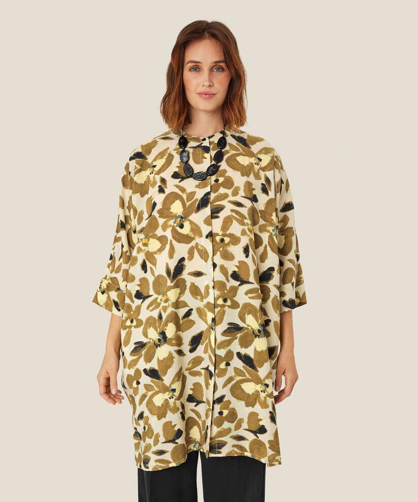 Hemdblusenkleid aus Viskose mit Blumenmuster, Dull Gold