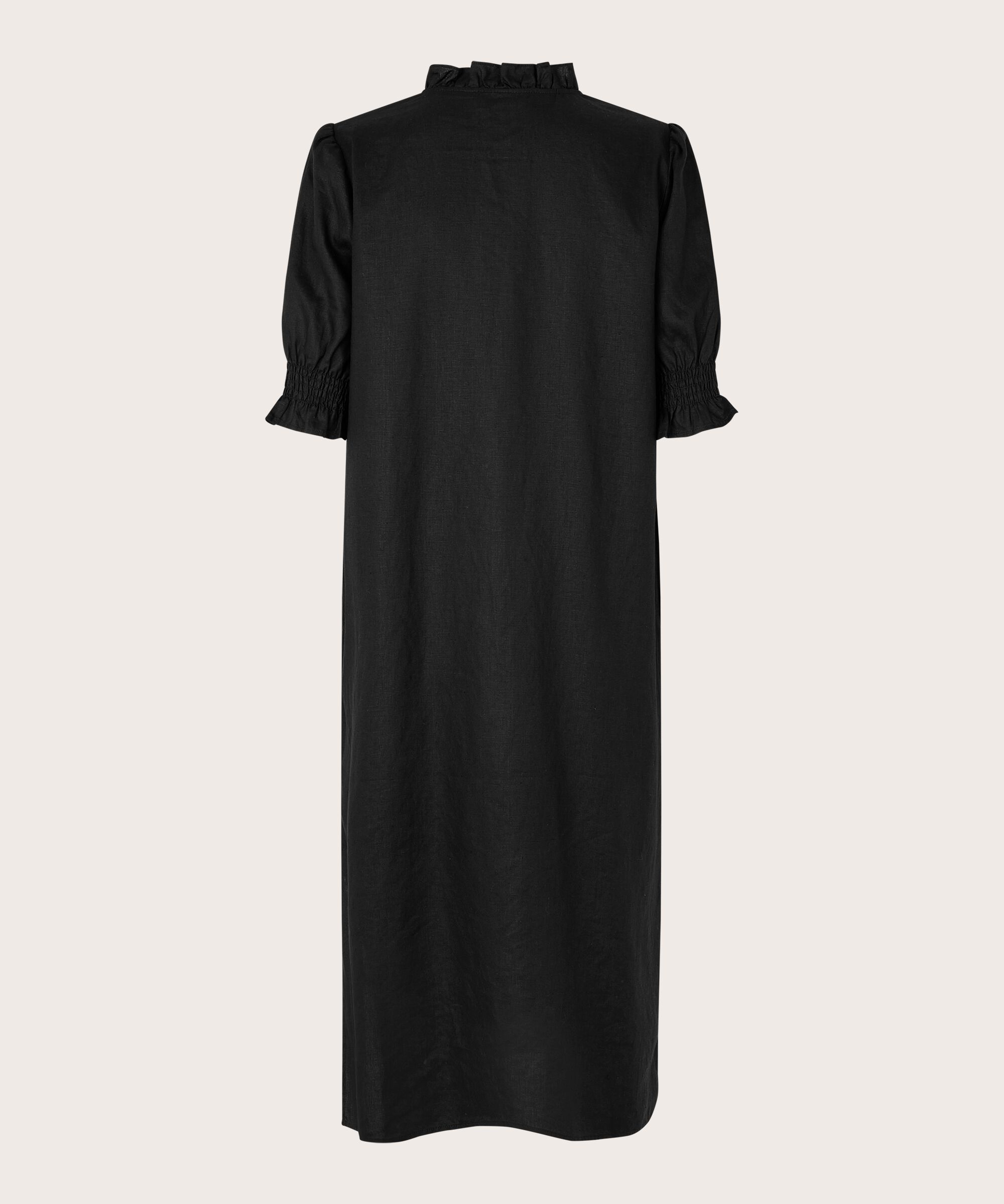 kurzärmliges Leinenkleid mit gerüschtem Ausschnitt, Black