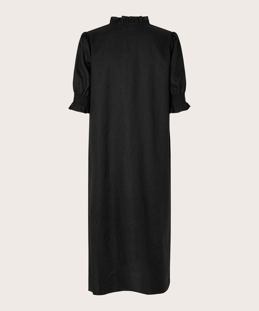 kurzärmliges Leinenkleid mit gerüschtem Ausschnitt, Black