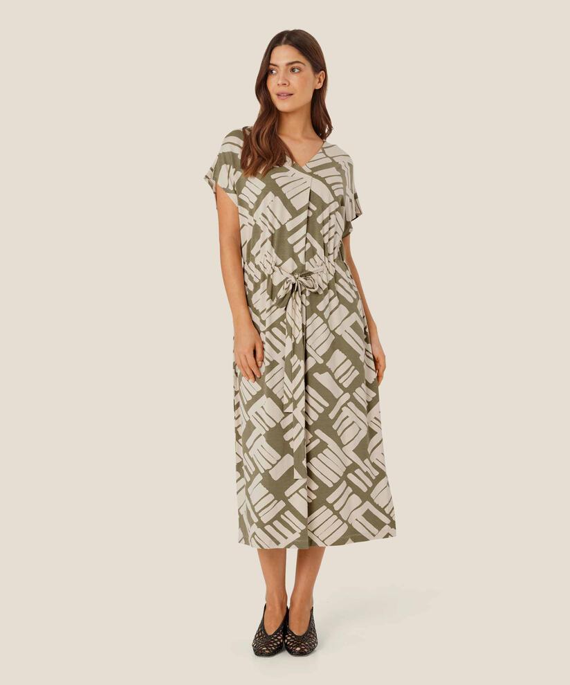 Bedrucktes Jerseykleid mit Bindeband in der Taille, Dusky Green