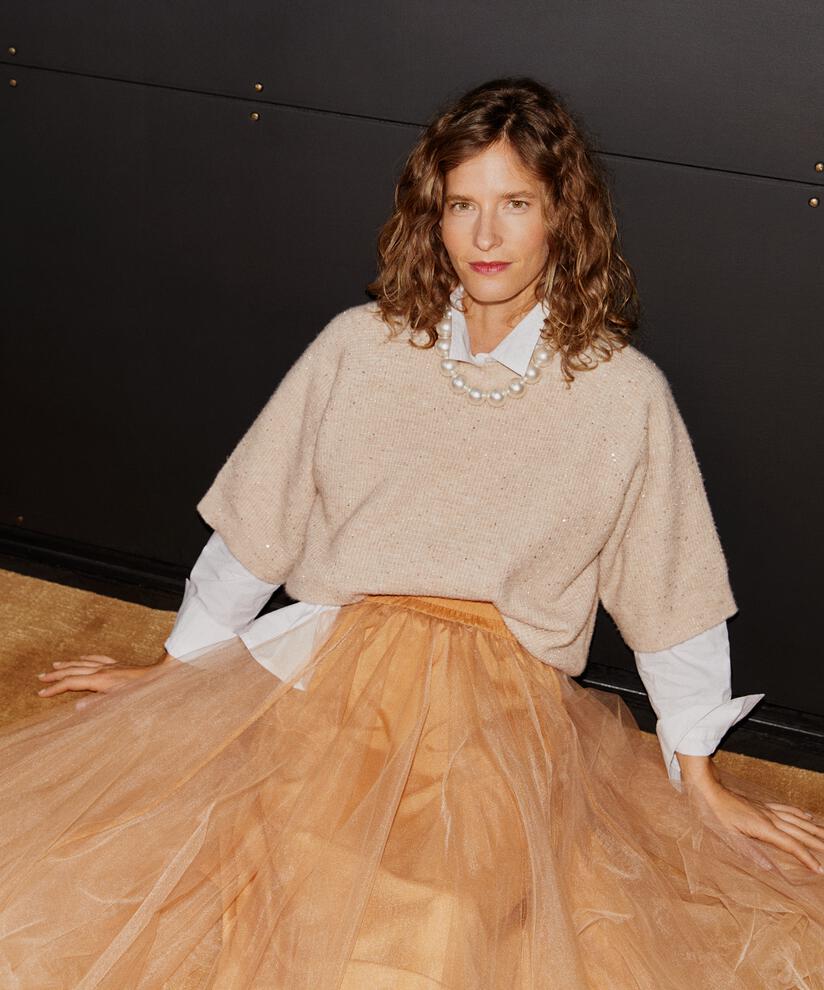 Kurzarmpullover aus Wollmischung mit Pailletten, Bisquit