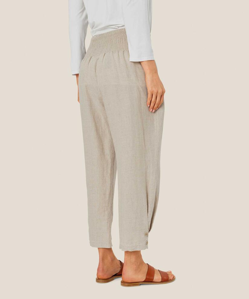 Leinenhose mit breitem, gesmoktem Gummizug hinten und Knopfdetail, Natural