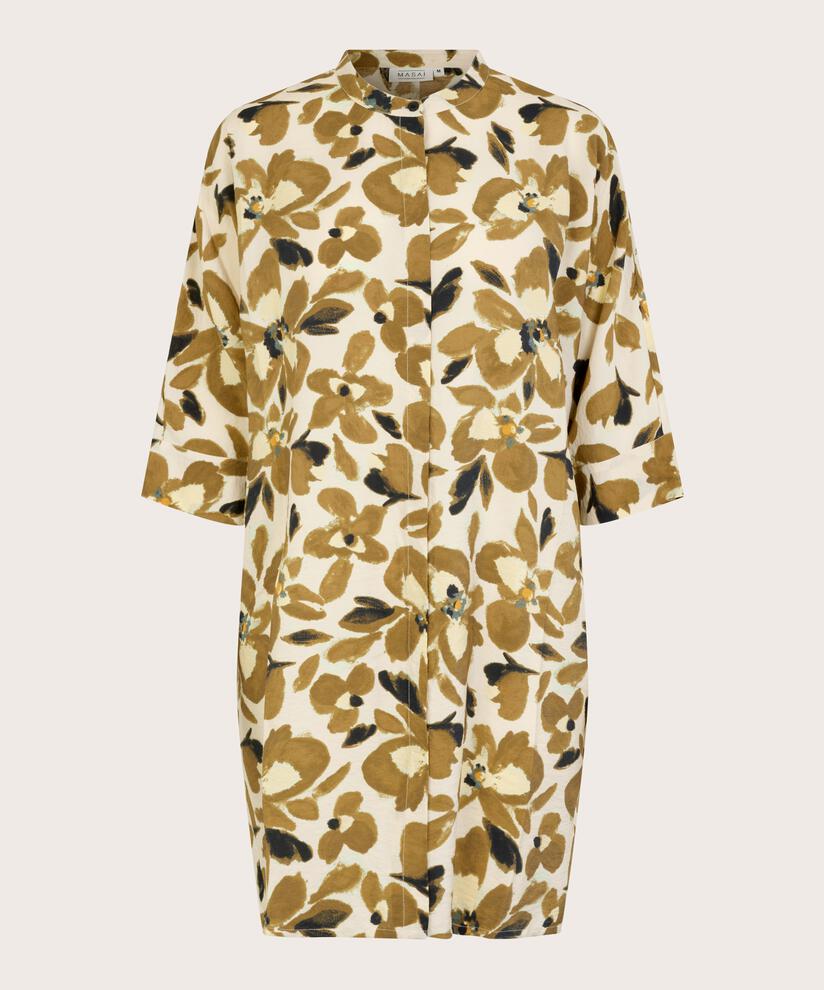 Hemdblusenkleid aus Viskose mit Blumenmuster, Dull Gold
