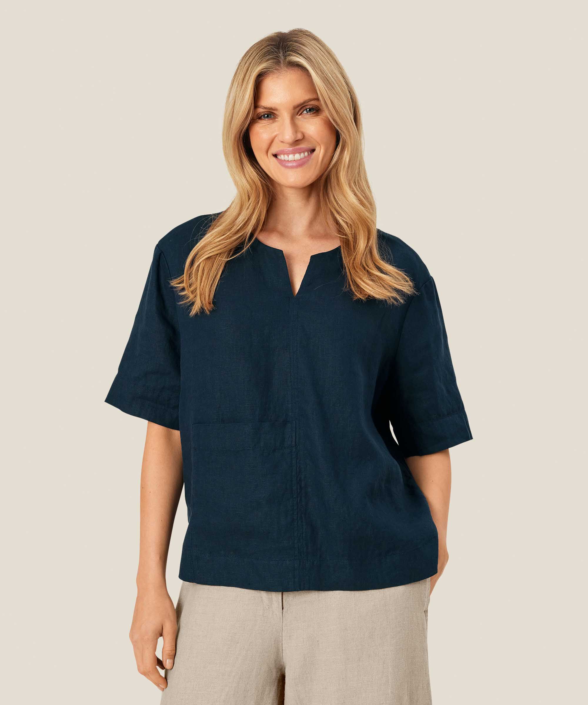 Bluse aus Leinen mit Vordertasche, Navy