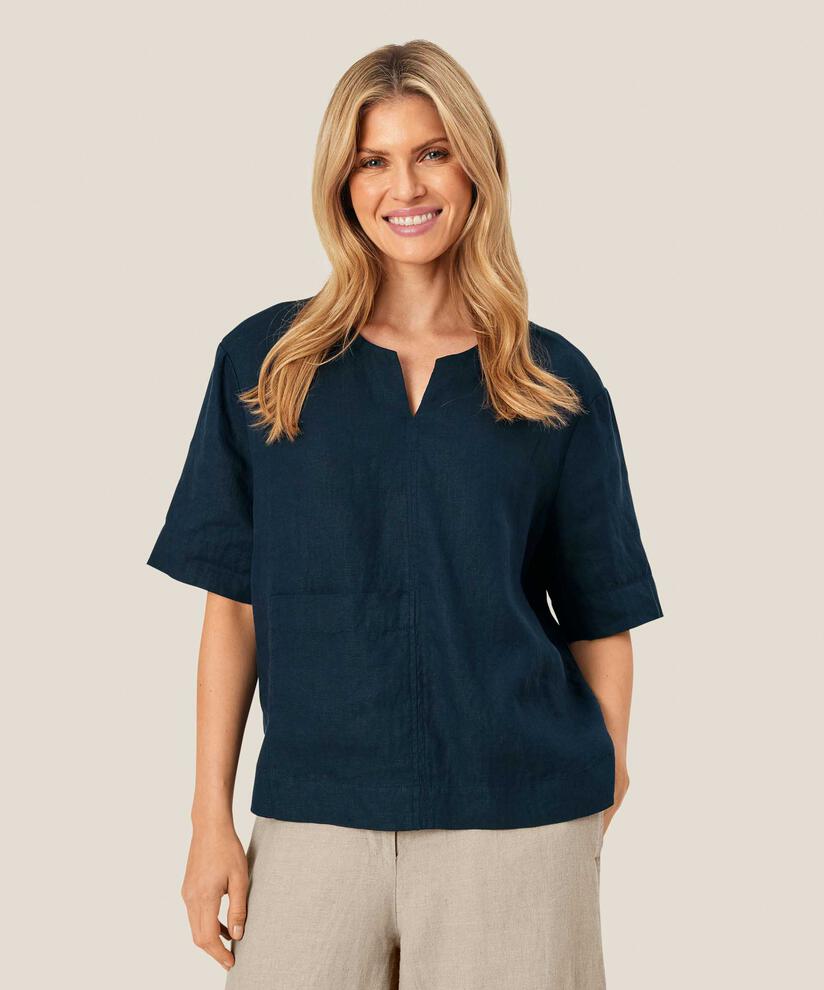 Bluse aus Leinen mit Vordertasche, Navy