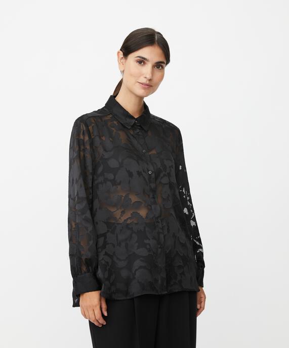 transparentes Spitzenshirt mit Drapierung auf der Rückseite, Black