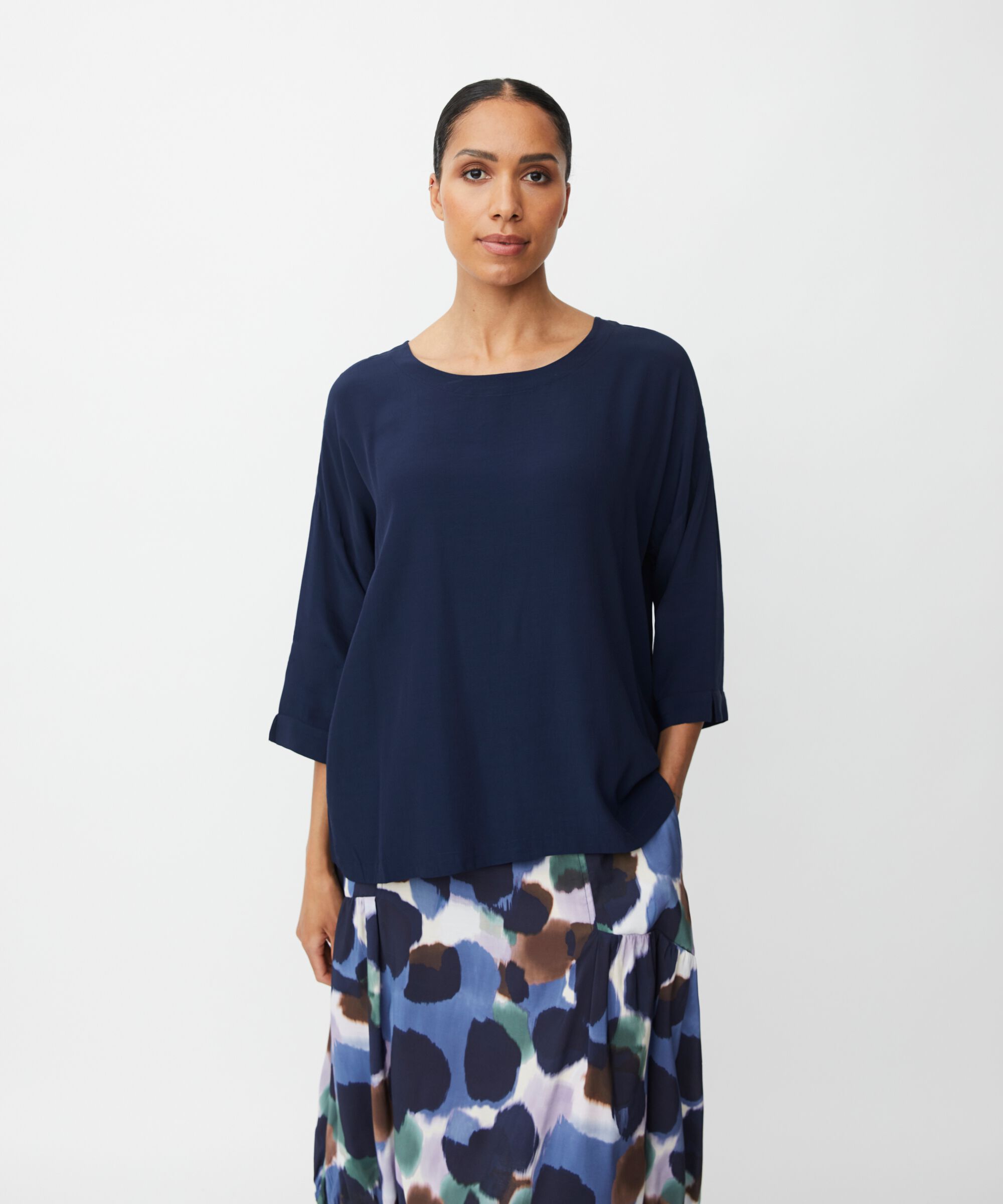 Viskosebluse Mit 3/4 Ärmeln, Navy Blazer