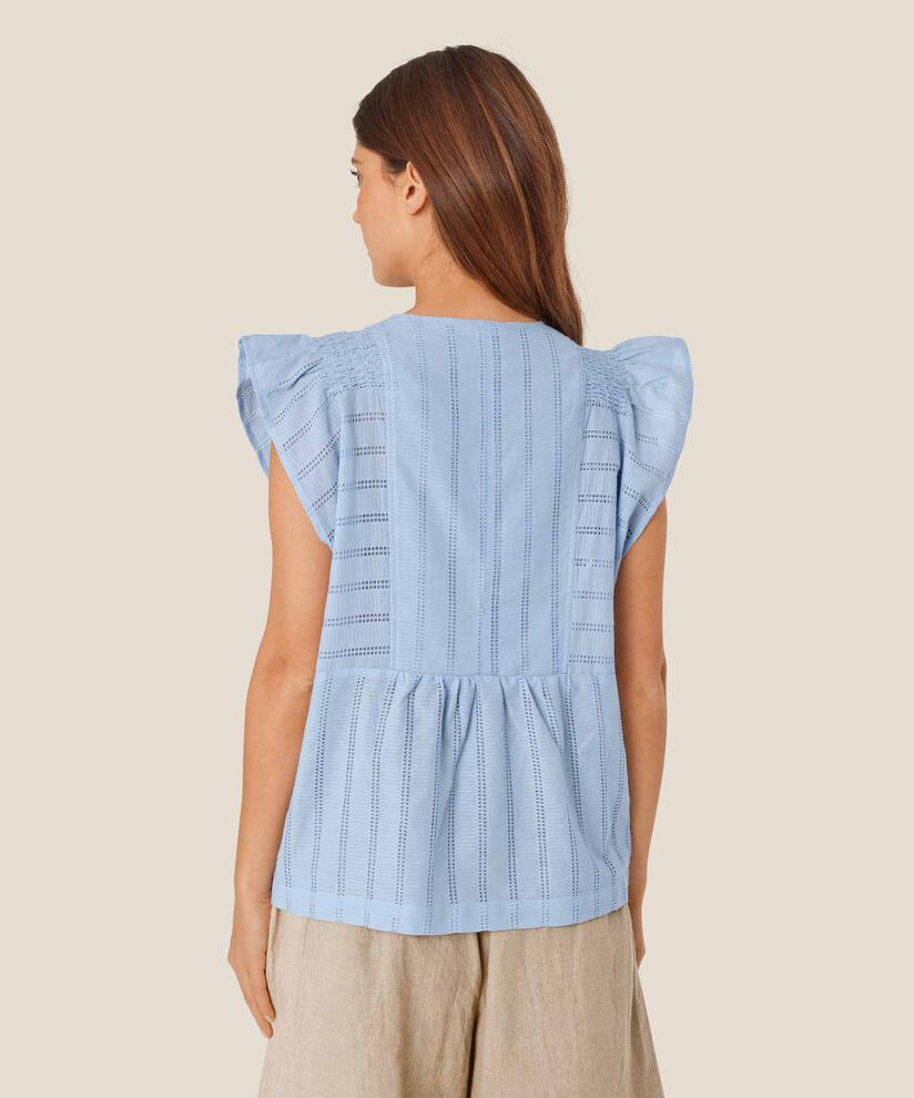 Top aus Baumwolle mit Hohlmuster und V-Ausschnitt, Cel Blue