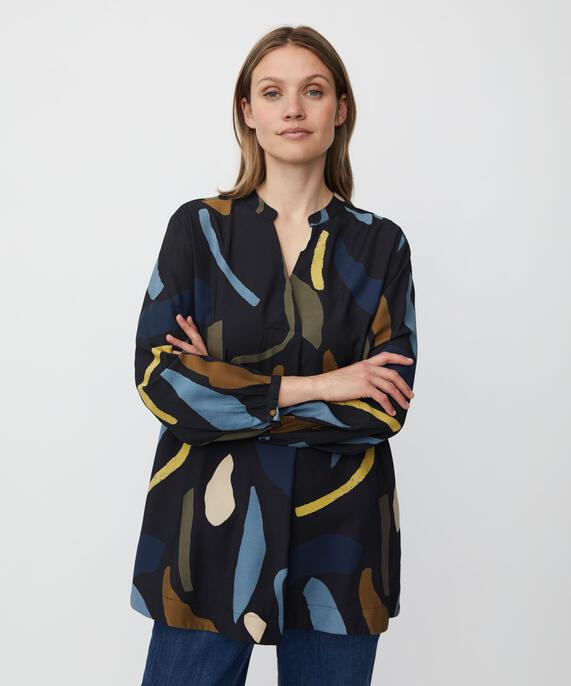 bedruckte Tunika mit V-Ausschnitt und Eingrifftaschen, Proven Blue