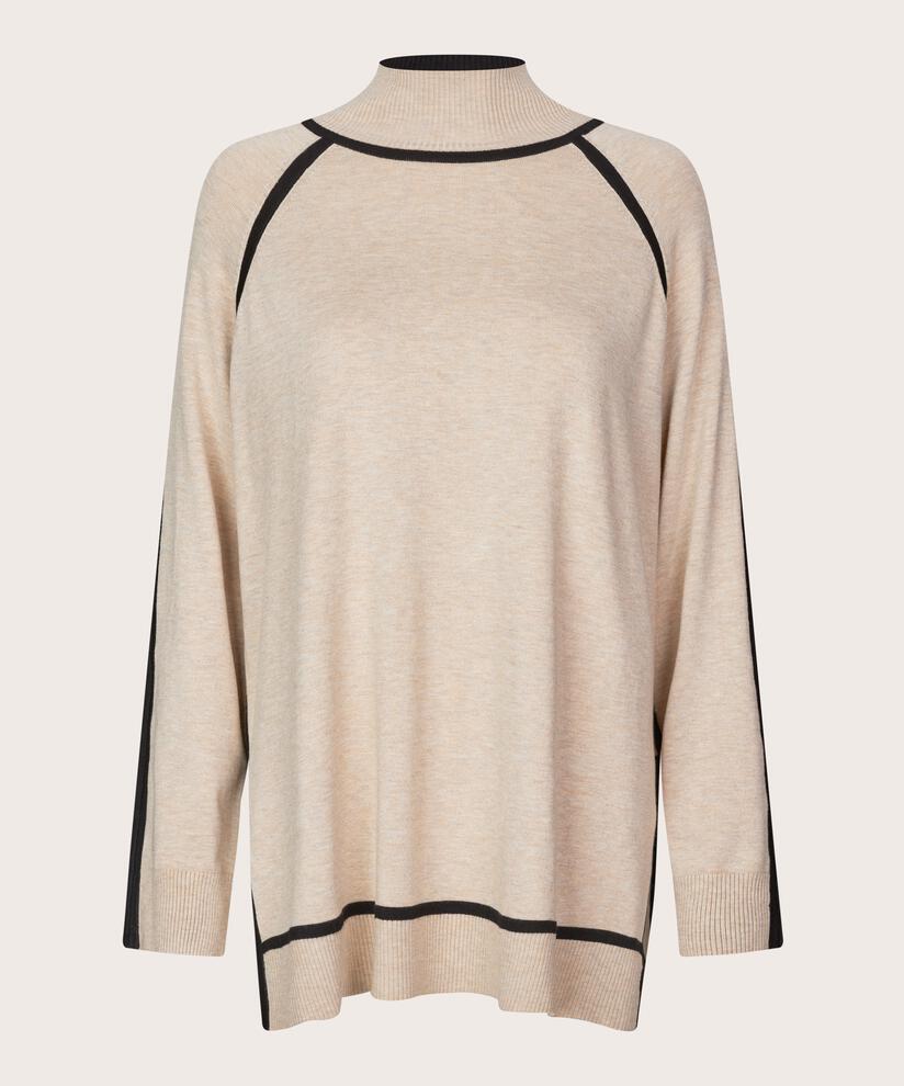 hochgeschlossener Strickpullover mit Kontrastdetails, L beige mel