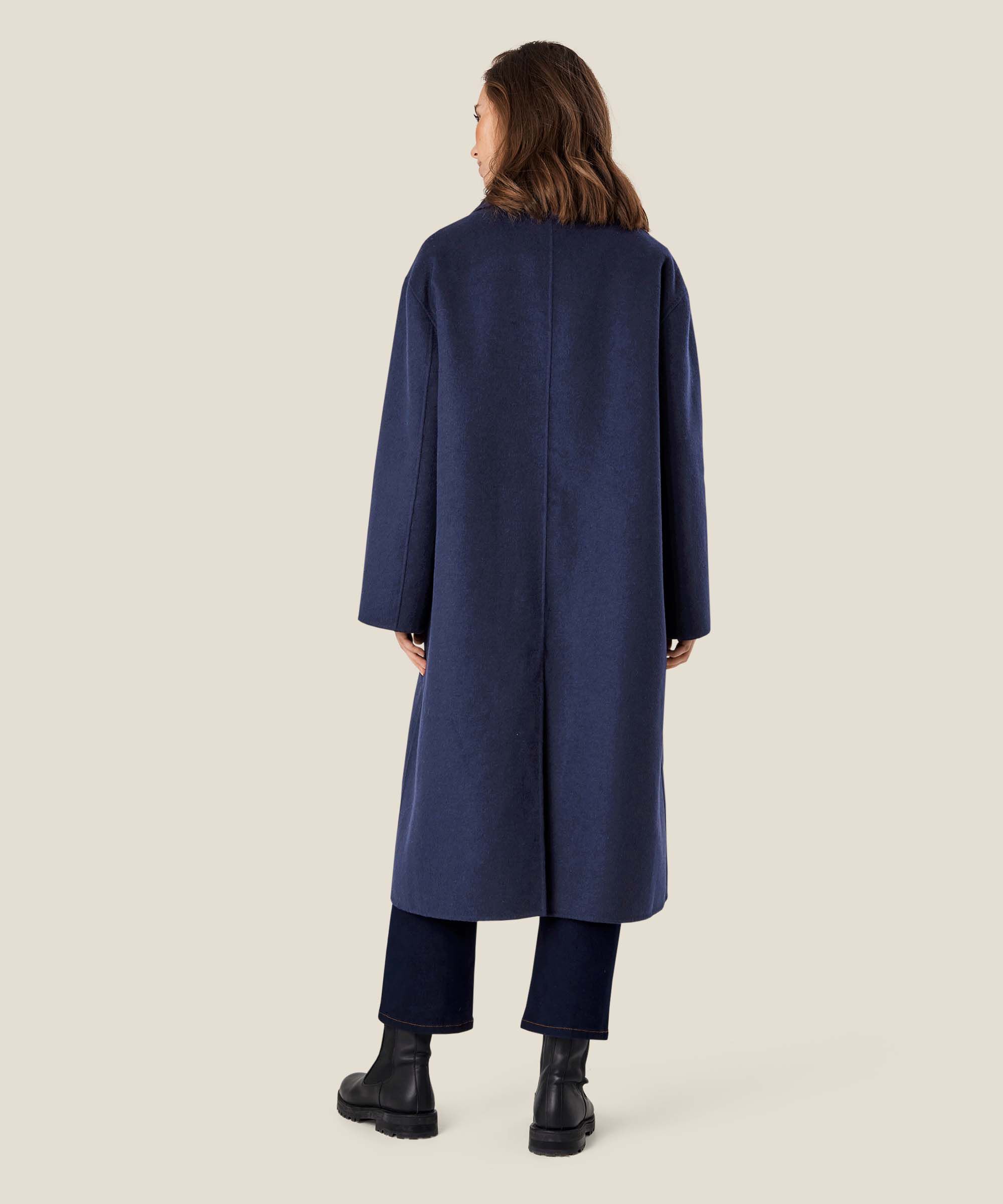 langer Wollmantel mit Bindebändern, Maritime Blue