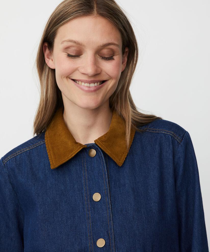 Jeansjacke mit Samtkragen und Fronttaschen, Dark Denim