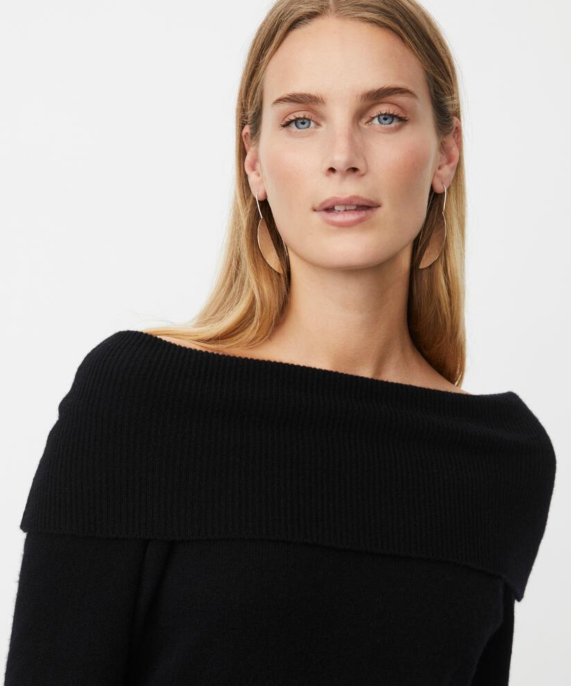 schulterfreier Strickpullover mit gerippten Kanten, Black