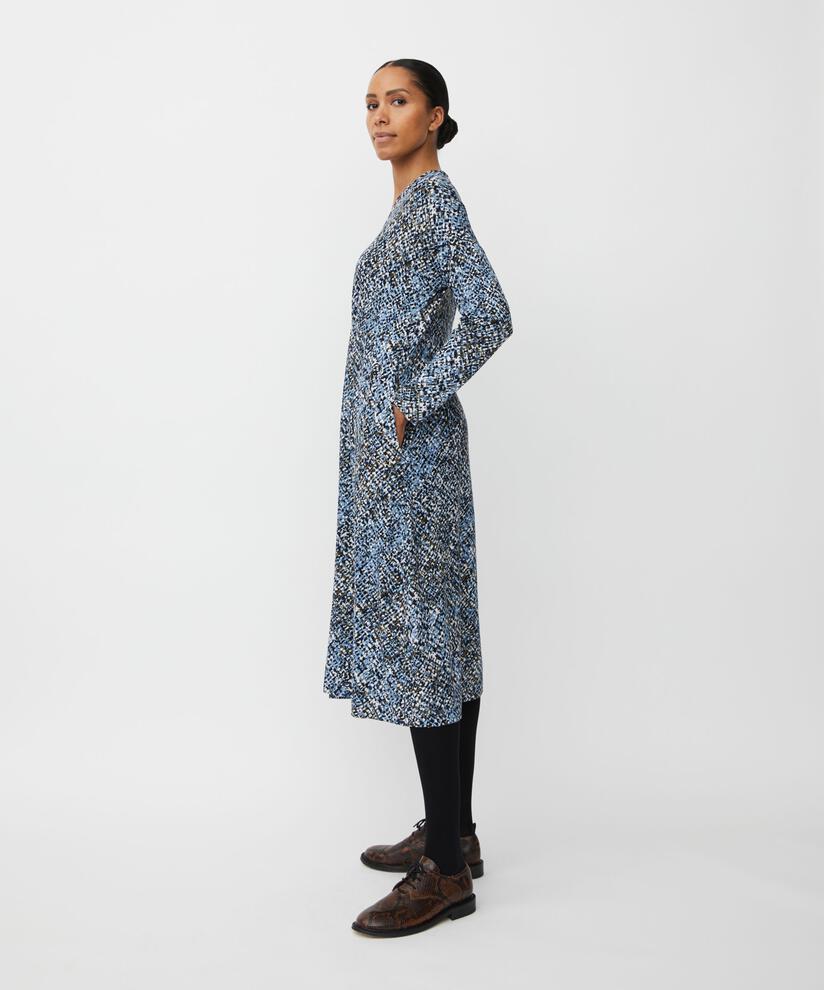 gemustertes Jerseykleid mit Eingrifftaschen und V-Ausschnitt, Proven Blue