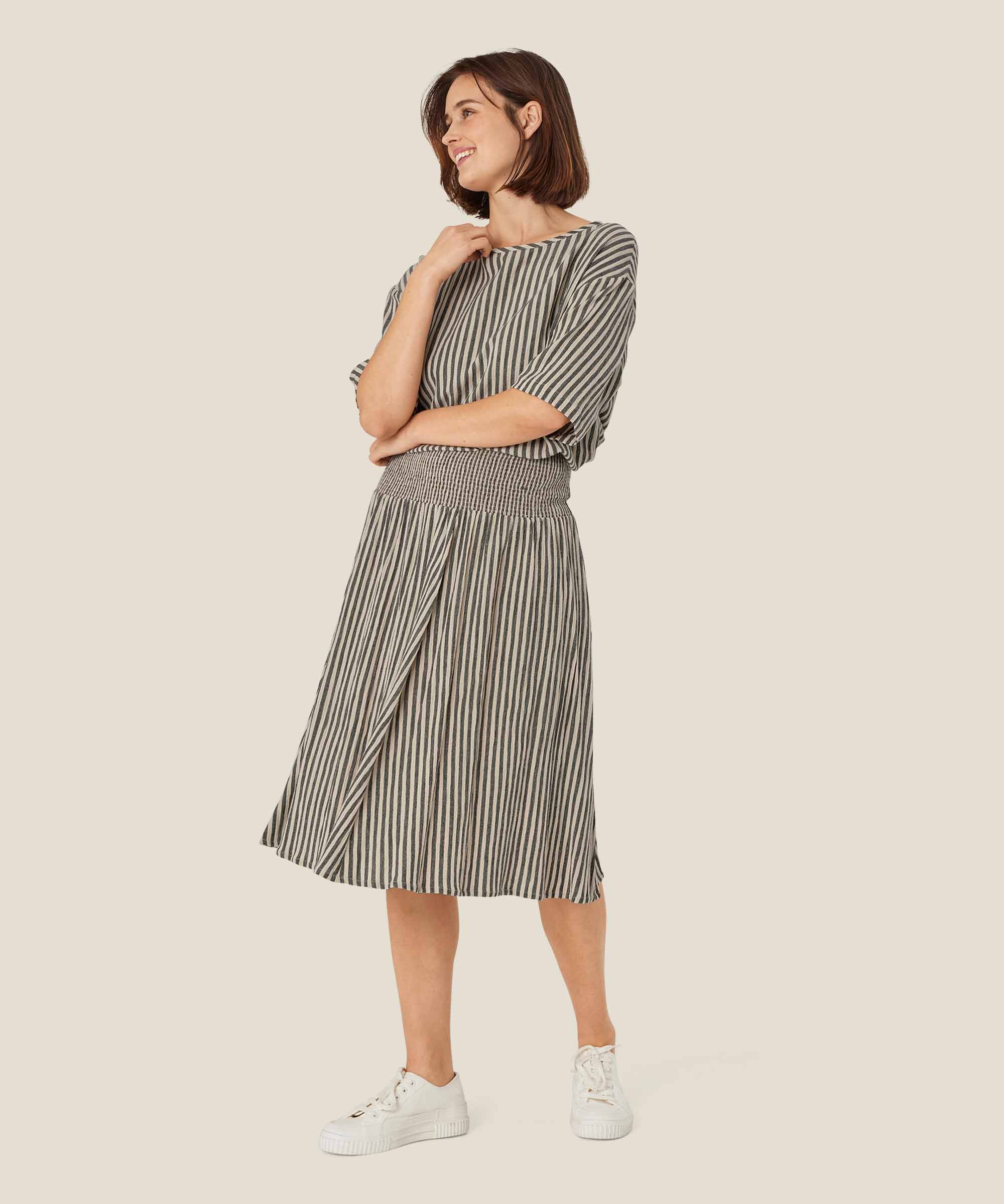 Gestreifter Rock aus Baumwollmischung mit gesmokter Taille, Black