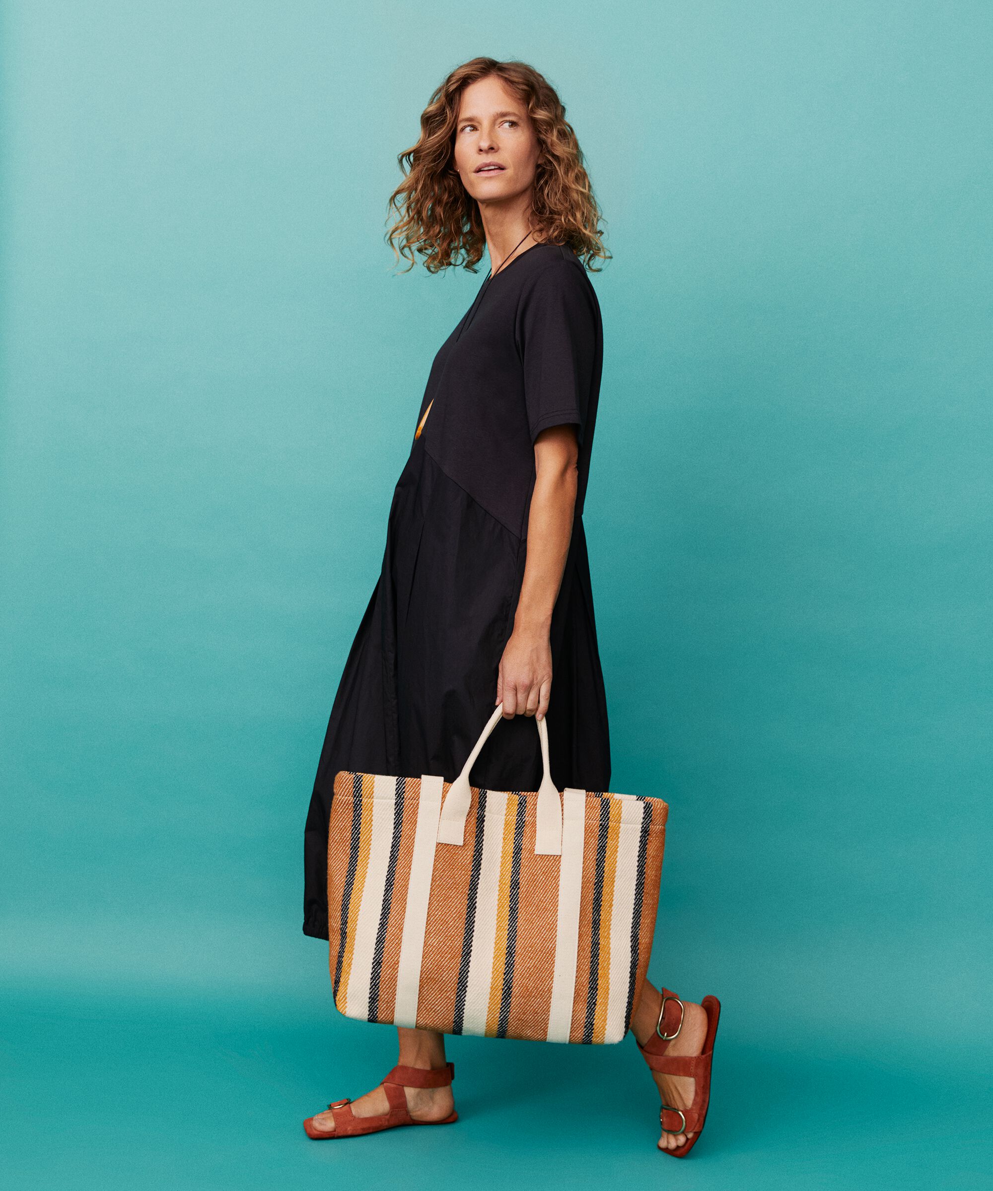gestreifter Baumwoll-Shopper mit Knopfverschluss, Cashew