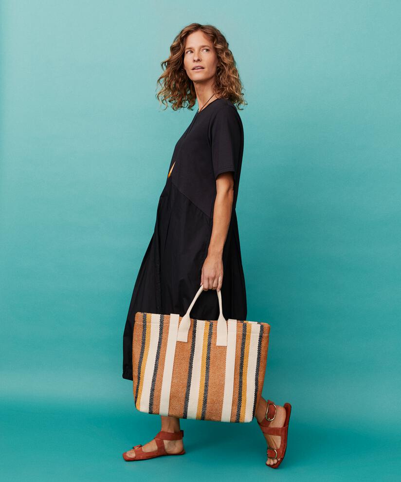 gestreifter Baumwoll-Shopper mit Knopfverschluss, Cashew