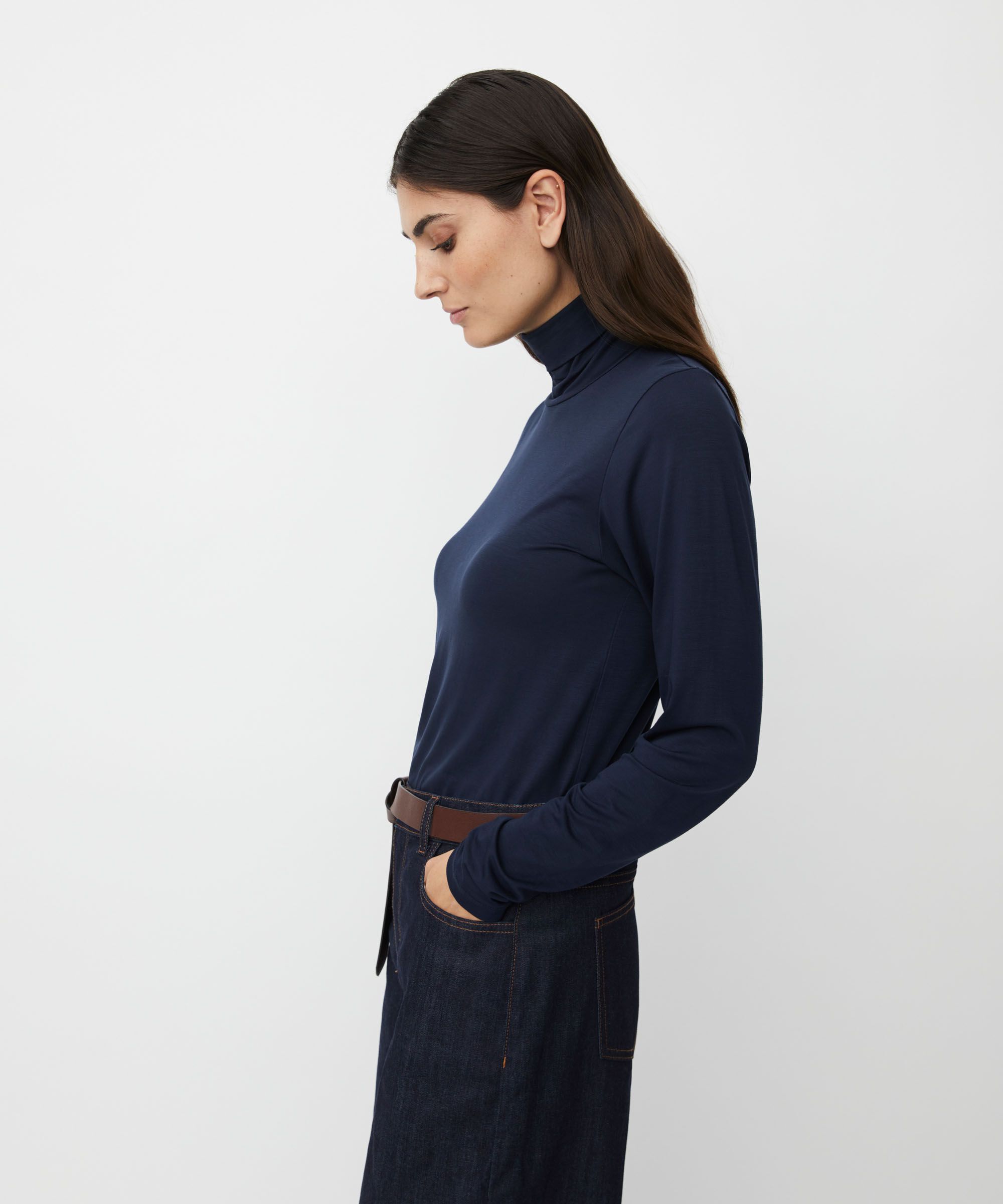 Rollkragenbluse Aus Weichem Jersey, Navy Blazer