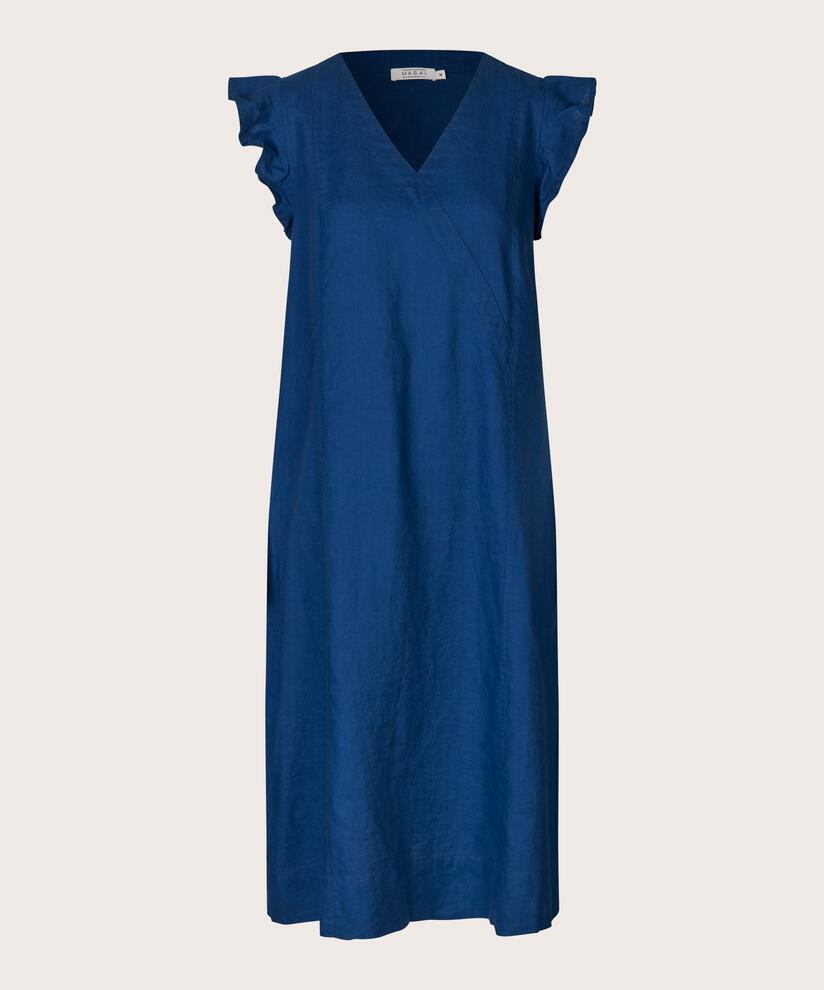 Kleid aus Leinen mit V-Ausschnitt und Rüschen, Navy Peony