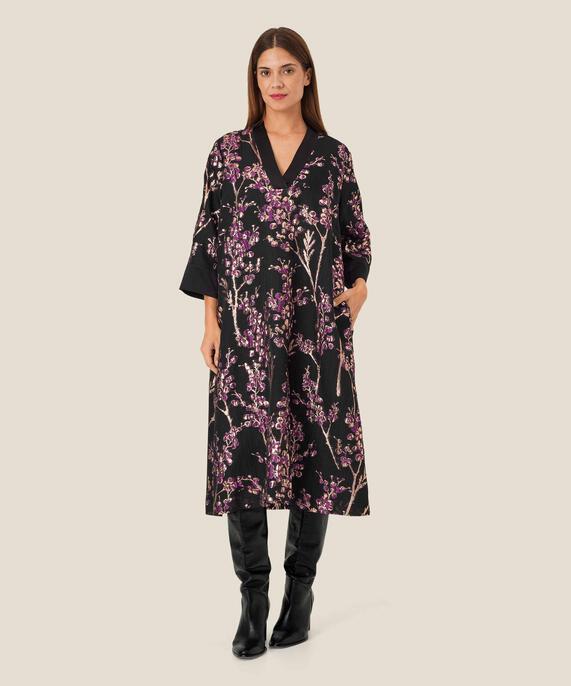 Kleid mit gewebtem Blumendruck und V-Ausschnitt, Black