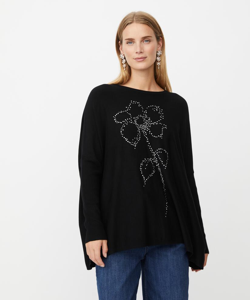 weicher Strickpullover mit Strassmuster, Black