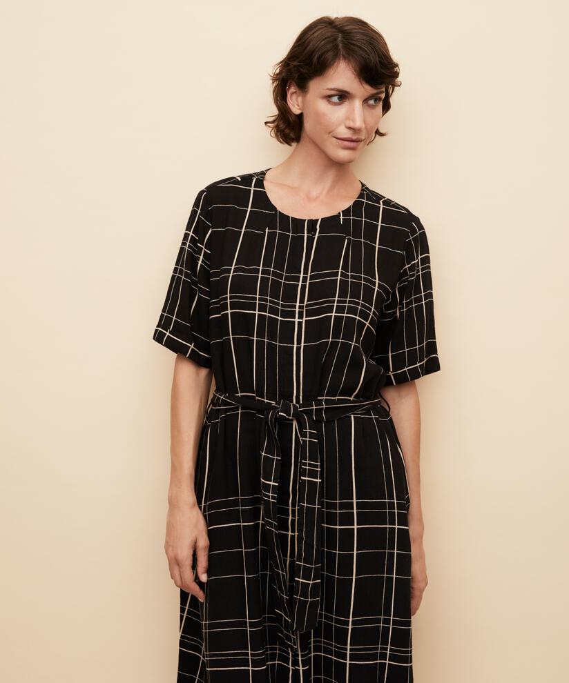 Hemdblusenkleid aus bedrucktem Leinenmix, Black