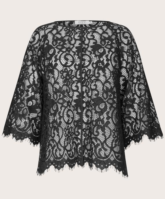 transparente Spitzenbluse mit Fransen, Black