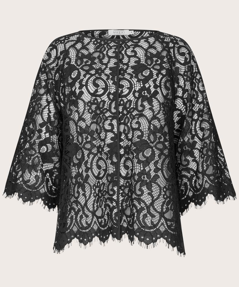 transparente Spitzenbluse mit Fransen, Black