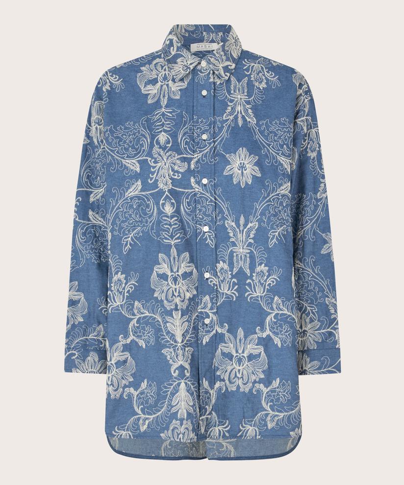 Jeanshemdbluse mit Blumenstickerei, Blue Denim
