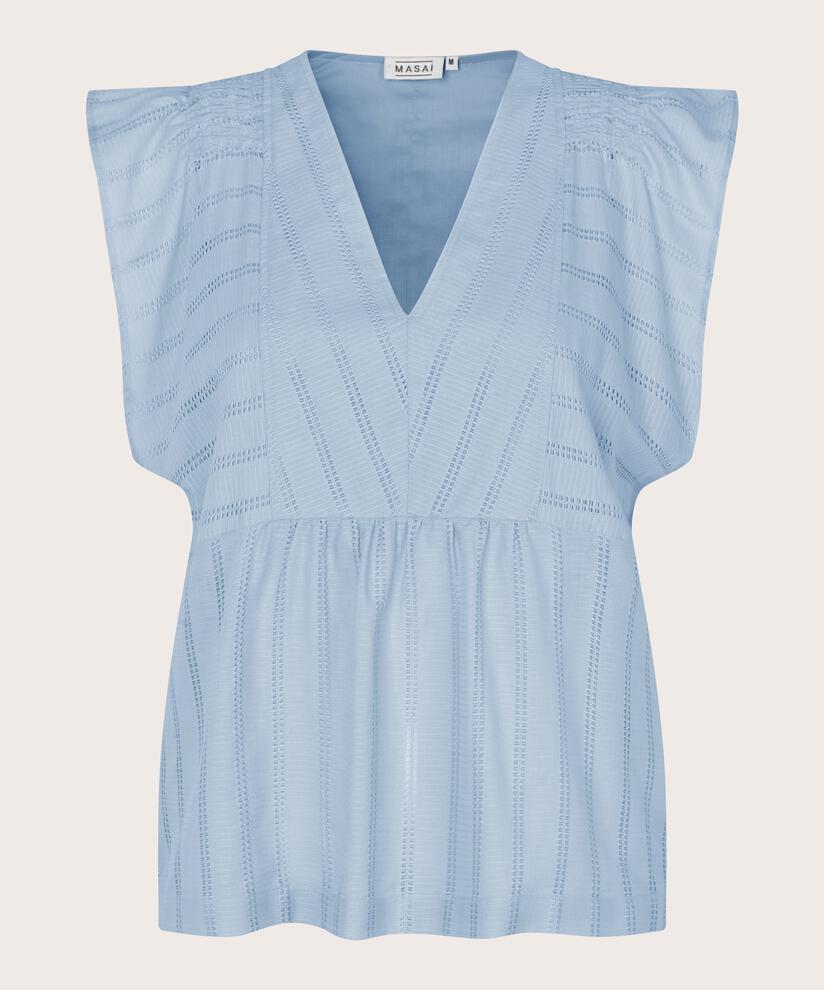 Top aus Baumwolle mit Hohlmuster und V-Ausschnitt, Cel Blue