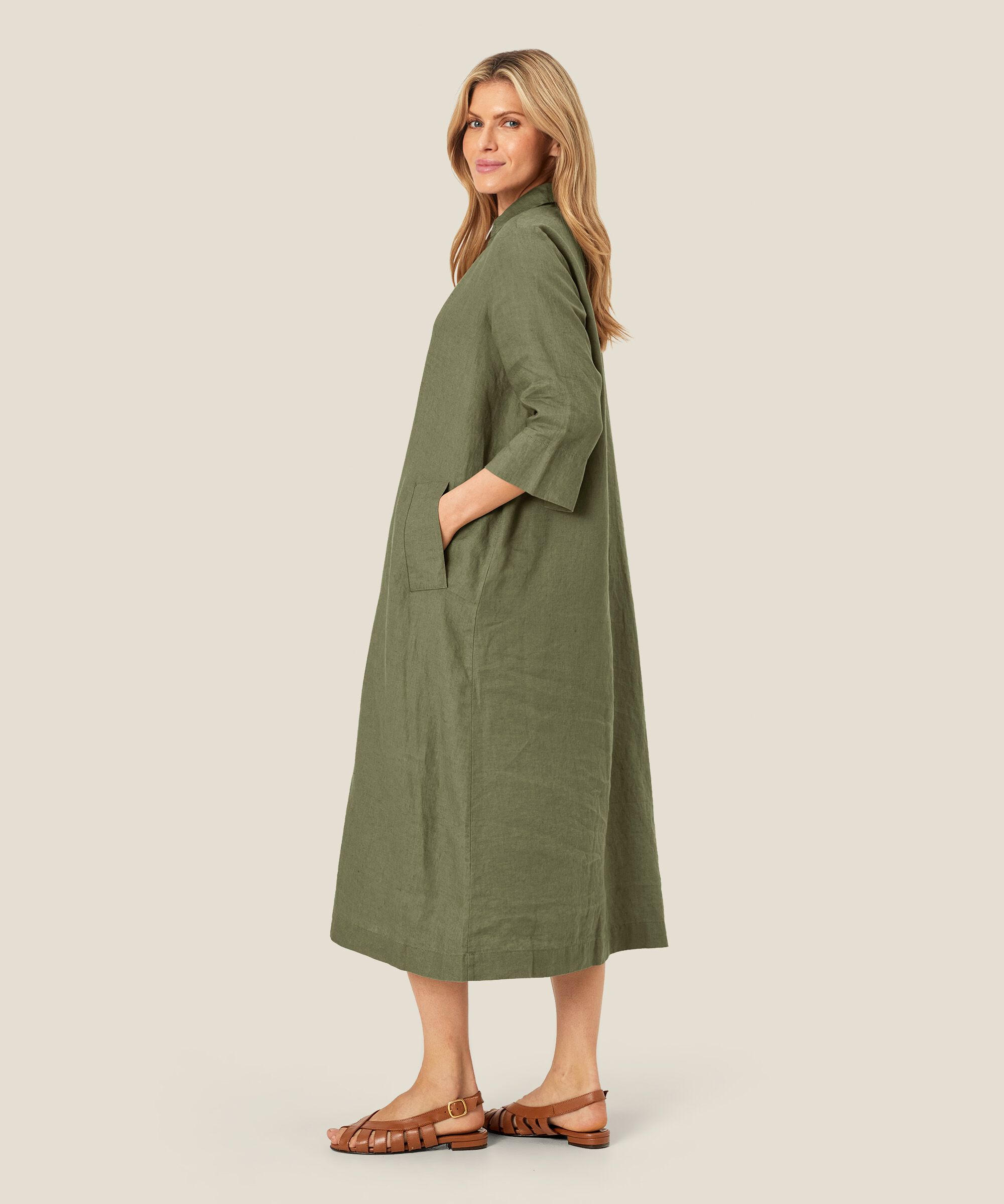 Leinenkleid mit V-Ausschnitt und Taschen, D. Lichen Green