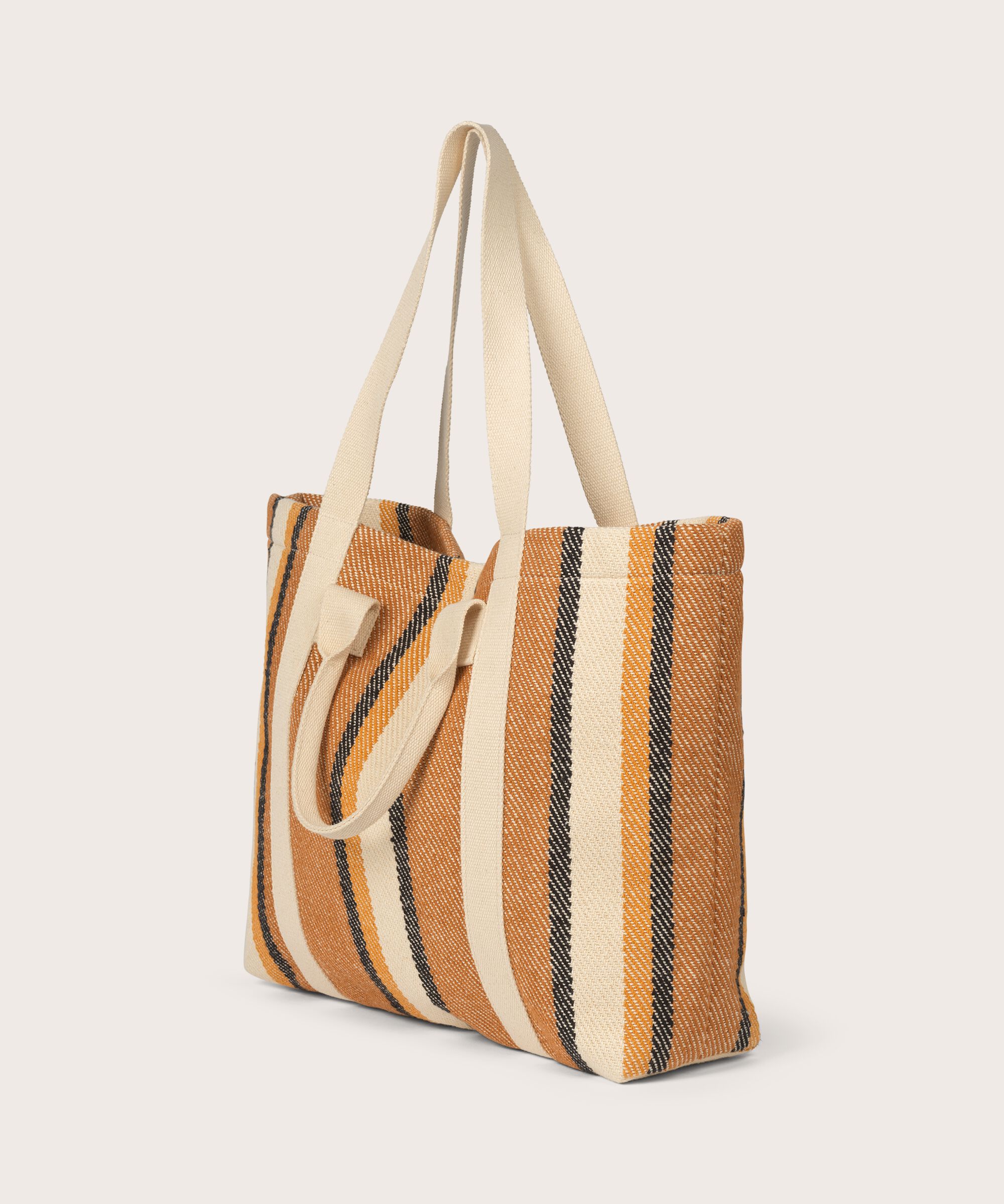 gestreifter Baumwoll-Shopper mit Knopfverschluss, Cashew