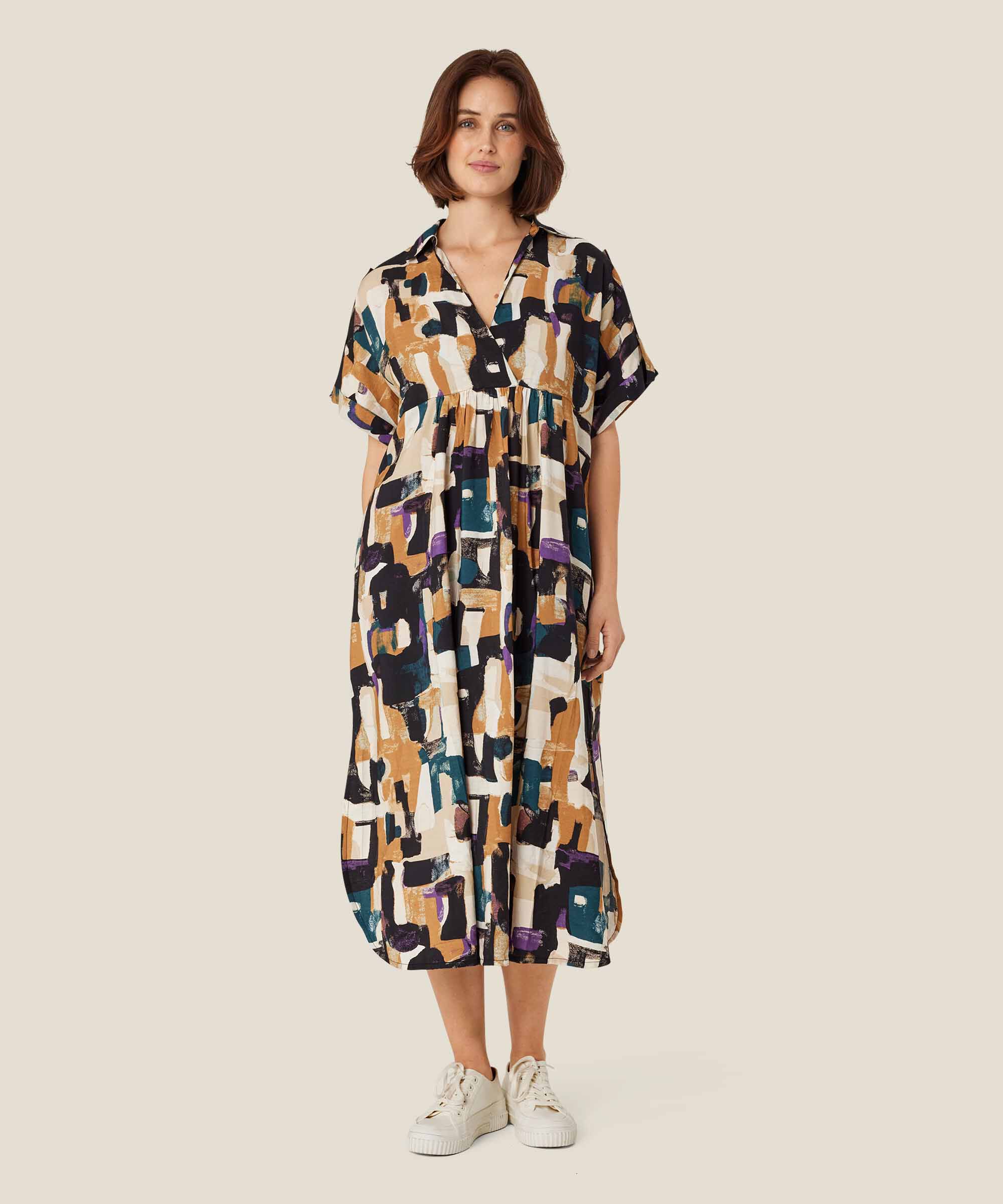 Bedrucktes Viskosekleid mit hohem Seitenschlitz, Dijon