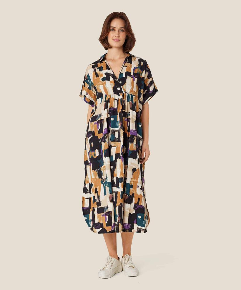 Bedrucktes Viskosekleid mit hohem Seitenschlitz, Dijon