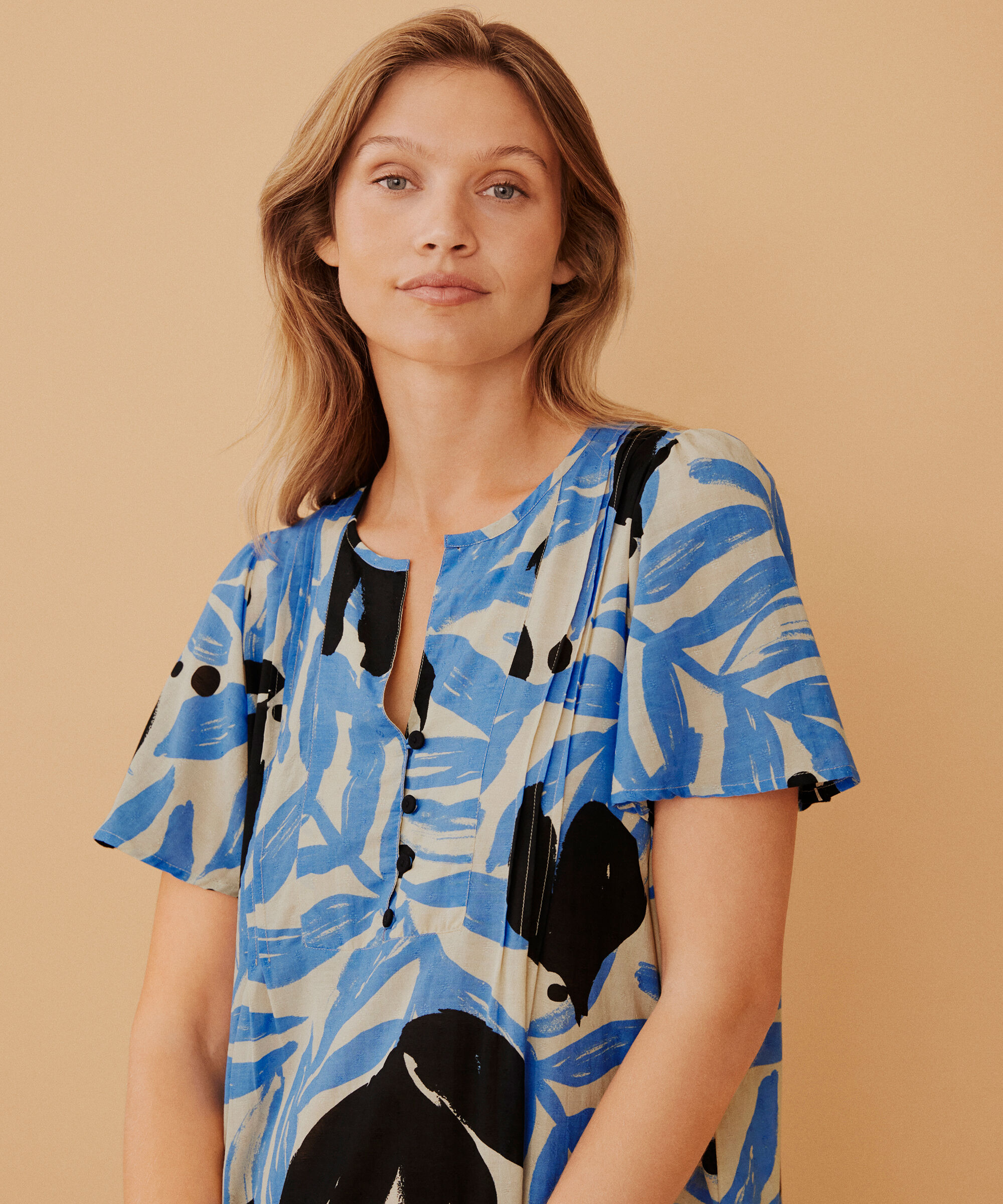 Bedrucktes Kleid aus Baumwollmischung mit Flügelärmeln, Marina