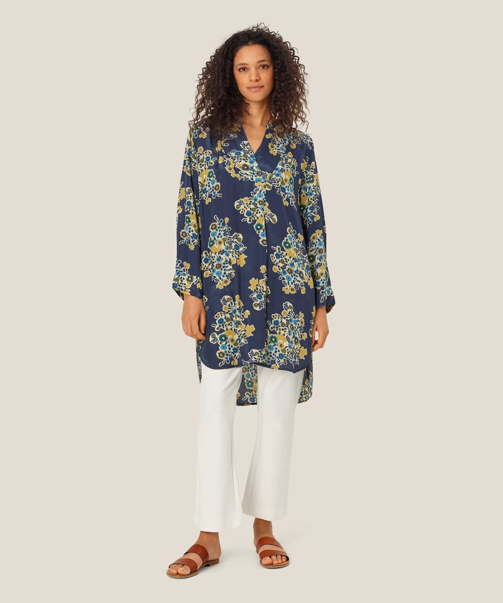 Geblümte Viskose-Tunika mit V-Ausschnitt, Mood Indigo